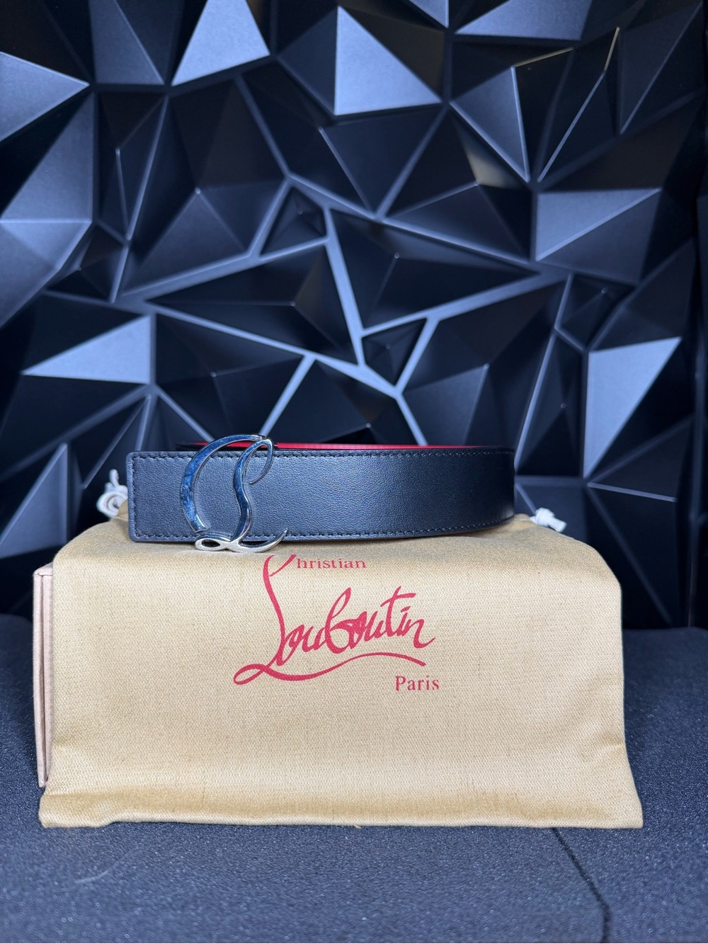 Christian Louboutin Black Leather Belt with Red Trim and Signature Buckle